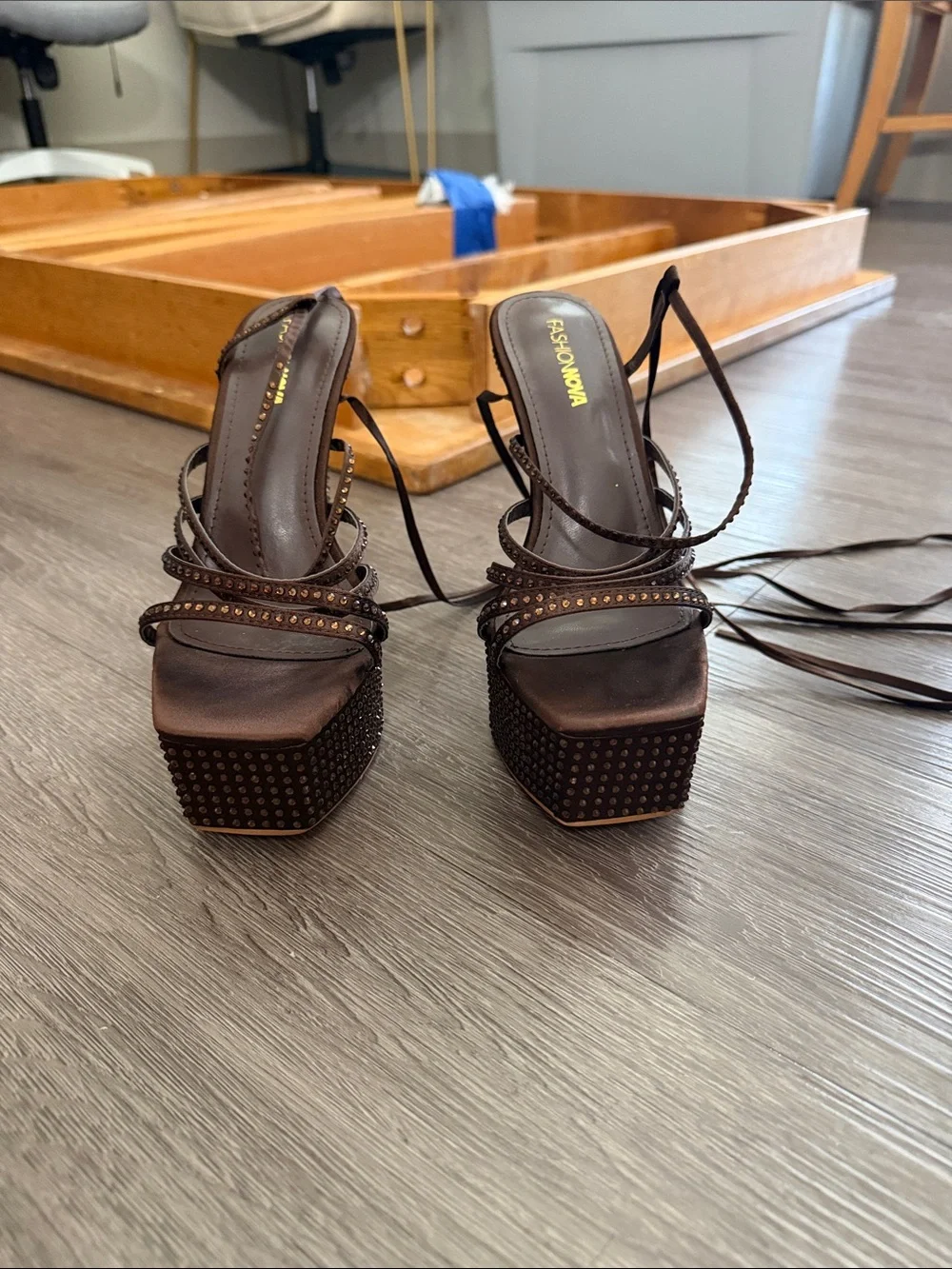 Brown Studded Lace-Up Platform Sandals